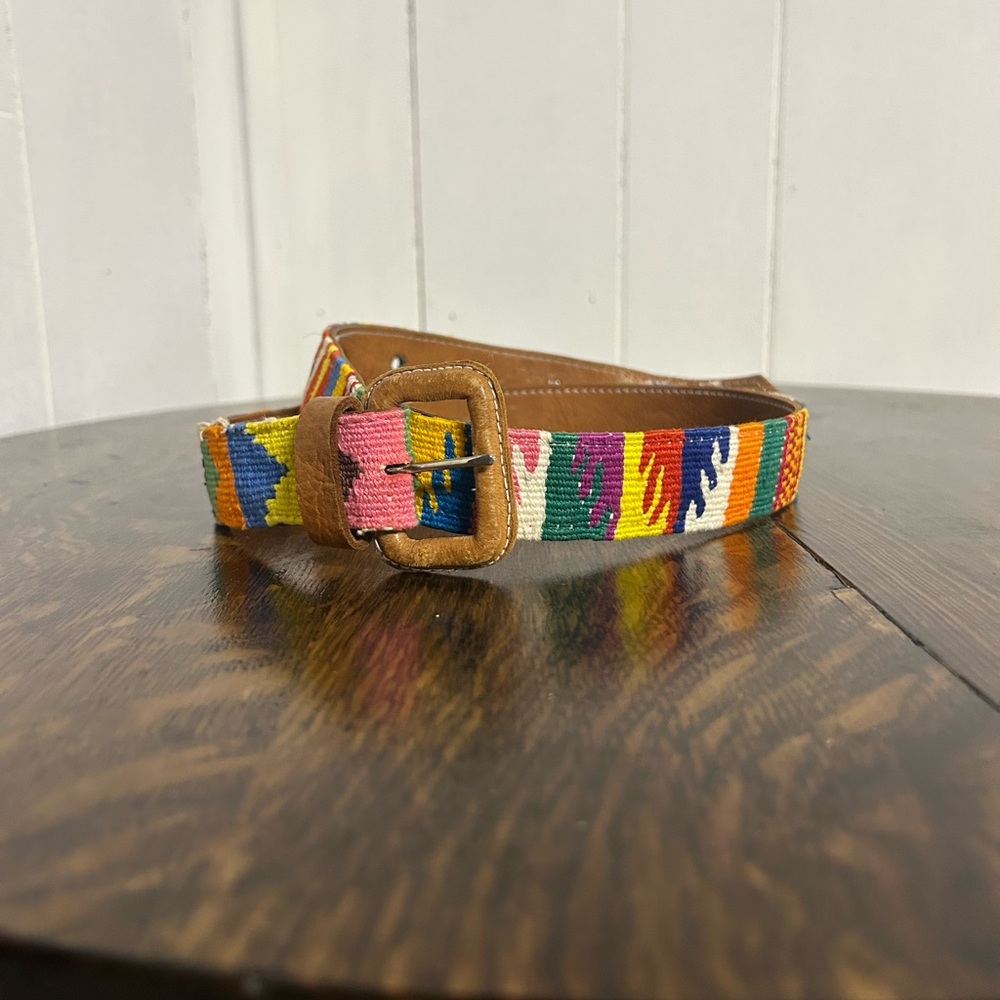 Vintage Multicoloured Tan Leather Belt - Woven Western Rainbow Style